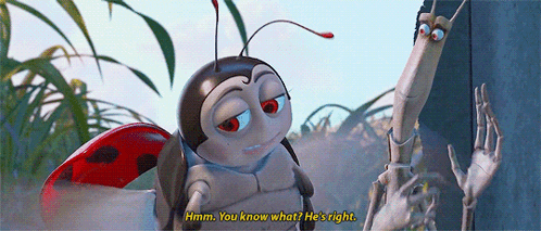 A Ladybug Says Hmm You Know What He 'S Right While Standing Next To A Skeleton GIF