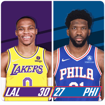 A Lakers And Philadelphia Basketball Player Standing Next To Each Other GIF