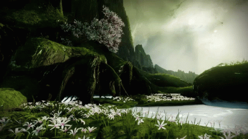 A Landscape With Flowers And A River In The Middle GIF