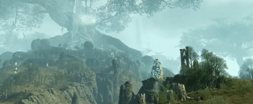A Landscape With Trees And Rocks And A Tree With Roots In The Middle GIF