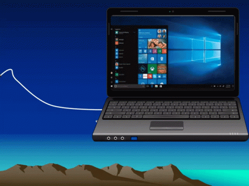 A Laptop With A Mountain In The Background And A Blue Background GIF