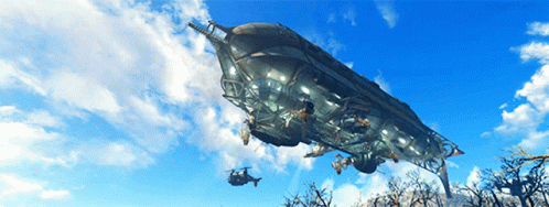 A Large Airship Is Flying In The Sky Above A Helicopter GIF