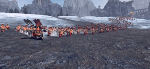 A Large Army Of Dwarfs Are Running Through A Snowy Field In A Video Game GIF