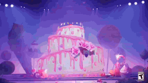 A Large Birthday Cake With Pink Frosting Is On A Stage In A Purple Room . GIF