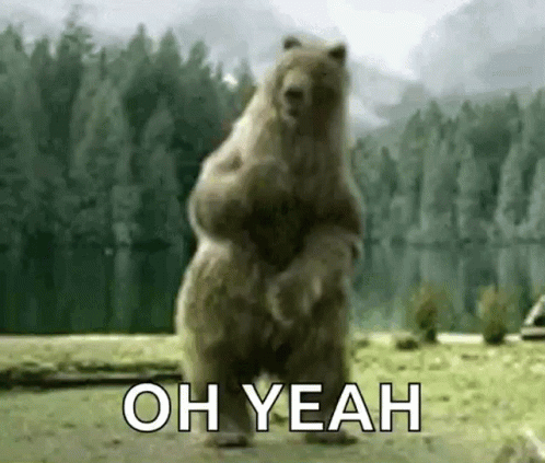 A Large Brown Bear Is Standing On Its Hind Legs In A Field . GIF