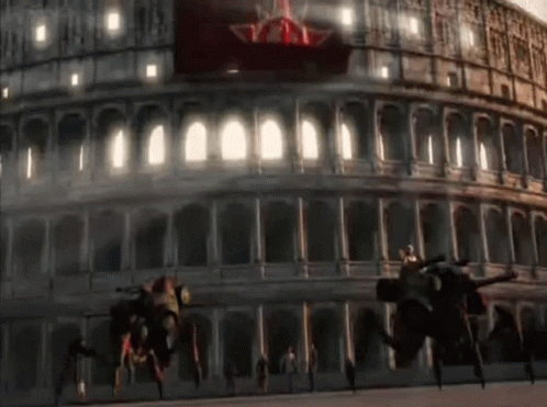 A Large Building With A Red Banner That Says ' Yy ' On It GIF
