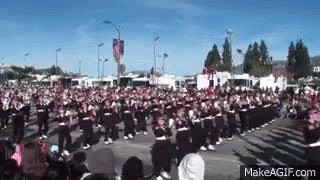 A Large Crowd Of People Are Gathered In A Parade . GIF