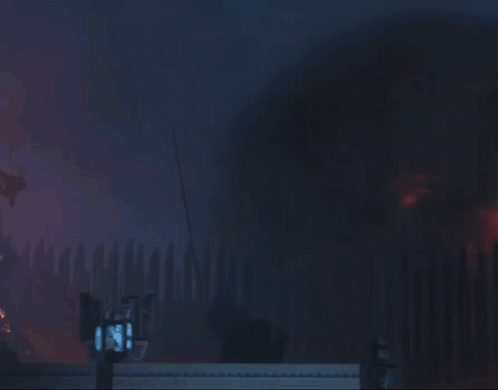 a large explosion is taking place in a dark room with a sign that says ' a ' on it