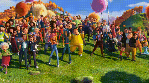 A Large Group Of Cartoon Characters Are Gathered In A Field GIF
