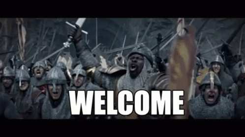 A Large Group Of Medieval Soldiers Are Holding Swords And Shouting The Word Welcome GIF