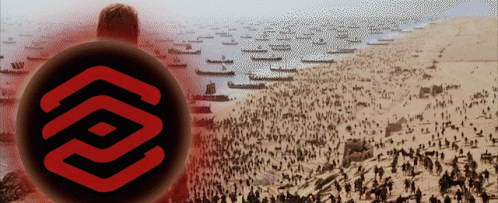 A Large Group Of People Are Gathered On A Beach In Front Of A Large Red Circle GIF