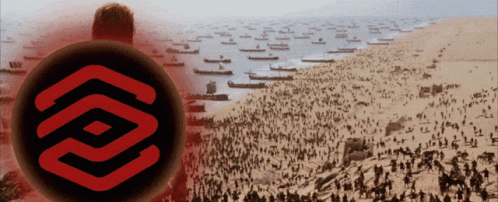 A Large Group Of People Are Gathered On A Beach In Front Of A Large Red Circle With The Letter P On It GIF