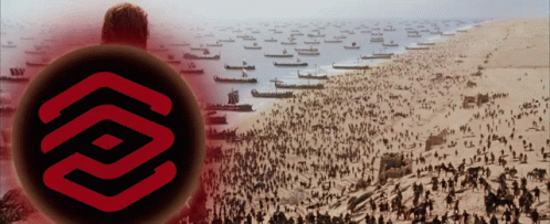 A Large Group Of People Are Gathered On A Beach With A Large Red Circle In The Middle GIF