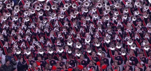 A Large Group Of People Are Standing In A Stadium Playing Instruments . GIF