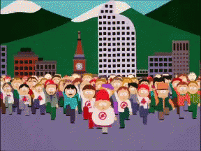 A Large Group Of People Are Walking In A City With A Clock Tower In The Background GIF
