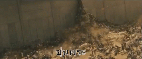 A Large Group Of People Are Walking Through A Flooded Area With The Words " Tsunami " Written On The Bottom GIF