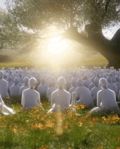 A Large Group Of People Sitting Under A Tree GIF