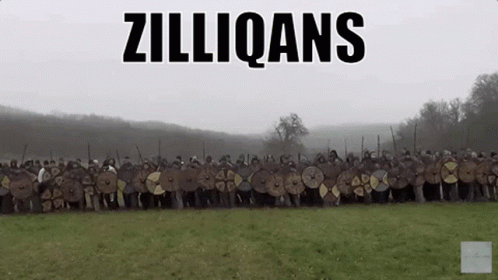 a large group of people standing in a field with shields and swords and the words zilliqans above them