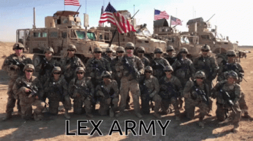 A Large Group Of Soldiers Are Posing For A Picture With The Lex Army Written On The Bottom GIF