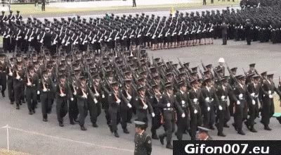 A Large Group Of Soldiers Marching In A Parade With Guns In Their Hands . GIF