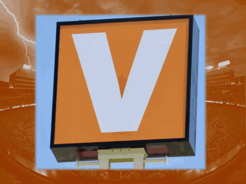 A Large Orange Sign With The Letter V In The Middle GIF
