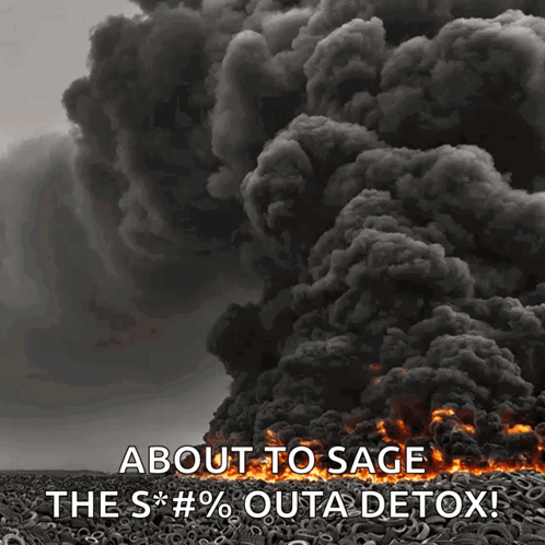 A Large Pile Of Burning Tires With The Words About To Sage The S*#% Outa Detox GIF