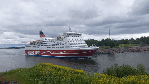 a large red and white viking line cruise ship