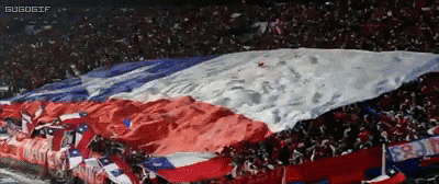 A Large Red White And Blue Flag Is Being Waved By A Crowd Of People GIF