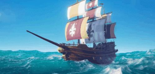 A Large Ship With Flags On The Sails Is Floating On The Ocean GIF