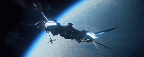 A Large Space Ship Is Flying Over The Earth In Space GIF