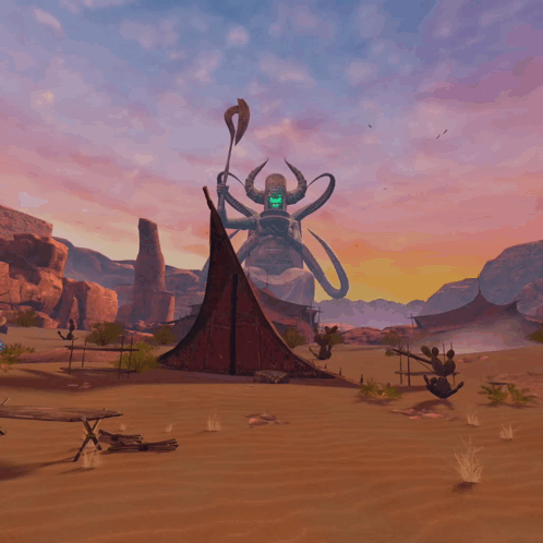 Horns Statue In Desert Landscape GIF