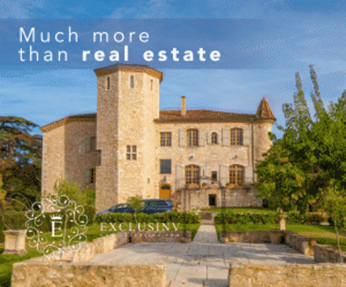 A Large Stone Castle With The Words Much More Than Real Estate Above It GIF