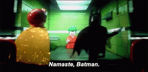 A Lego Batman And Robin Scene With The Words Namaste Batman On The Bottom GIF