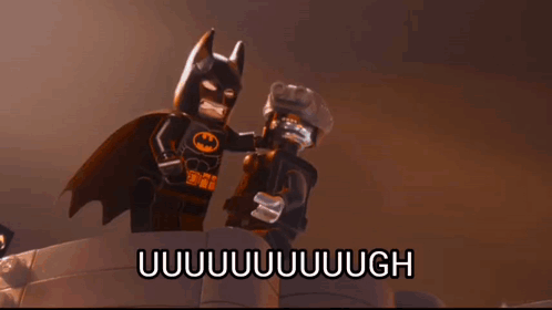 A Lego Batman Is Standing Next To Another Lego Batman And The Words Uuuuuuuugh Are Above Them GIF