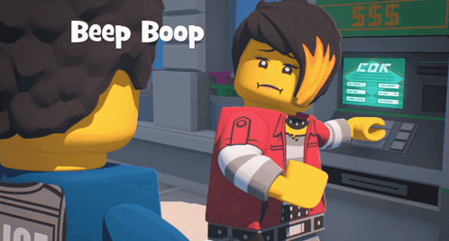 A Lego Character Talking To Another Lego Character With The Words Beep Boop On The Top GIF