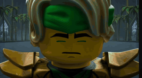 A Lego Character With Green Eyes And A Green Hat With The Word Ninja On It GIF
