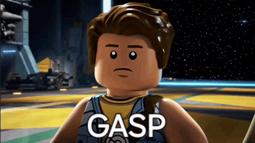 A Lego Character With The Word Gasp Written On His Chest GIF