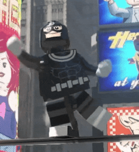 A Lego Figure Is Standing In Front Of A Billboard That Says ' At Y ' GIF