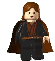 a lego man with long brown hair is wearing a black cape