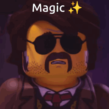 A Lego Man With Sunglasses And A Mustache Has The Word Magic Above His Head GIF