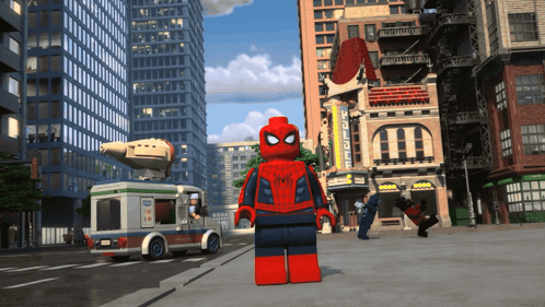 A Lego Spider Man Stands On A City Street With A Pizza Truck In The Background GIF