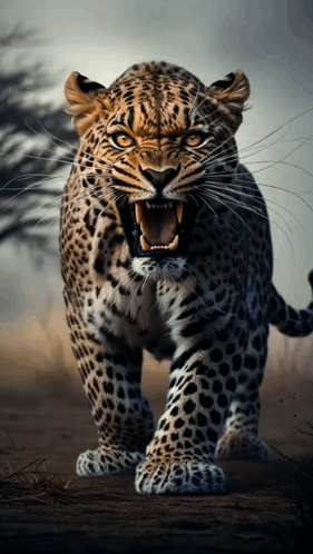A Leopard With Its Mouth Open And Teeth Visible GIF