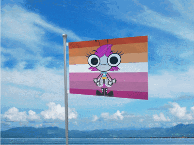 A Lesbian Flag With A Cartoon Character On It Is Flying In The Wind GIF