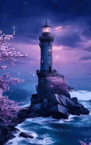 A Lighthouse Sits On A Rocky Cliff Overlooking The Ocean GIF