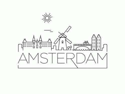 A Line Drawing Of Amsterdam With A Windmill In The Foreground GIF