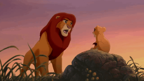 A Lion And A Cub Are Standing On A Rock In The Grass GIF
