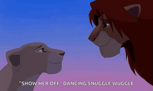 A Lion And A Lioness Are Looking At Each Other And The Lioness Is Saying " Show Her Off " GIF
