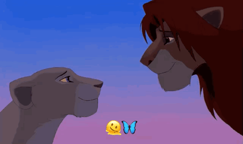 A Lion And A Lioness Are Looking At Each Other With A Butterfly And A Smiley Face In The Foreground GIF