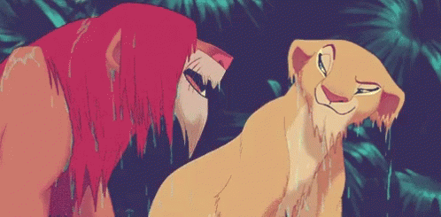 A Lion And A Lioness From The Movie The Lion King Are Standing Next To Each Other In The Rain . GIF