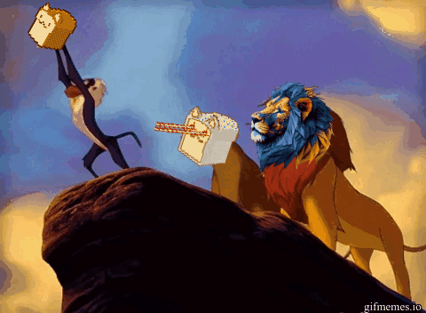A Lion And A Monkey From The Lion King Are Standing On A Rock Holding A Piece Of Cake GIF